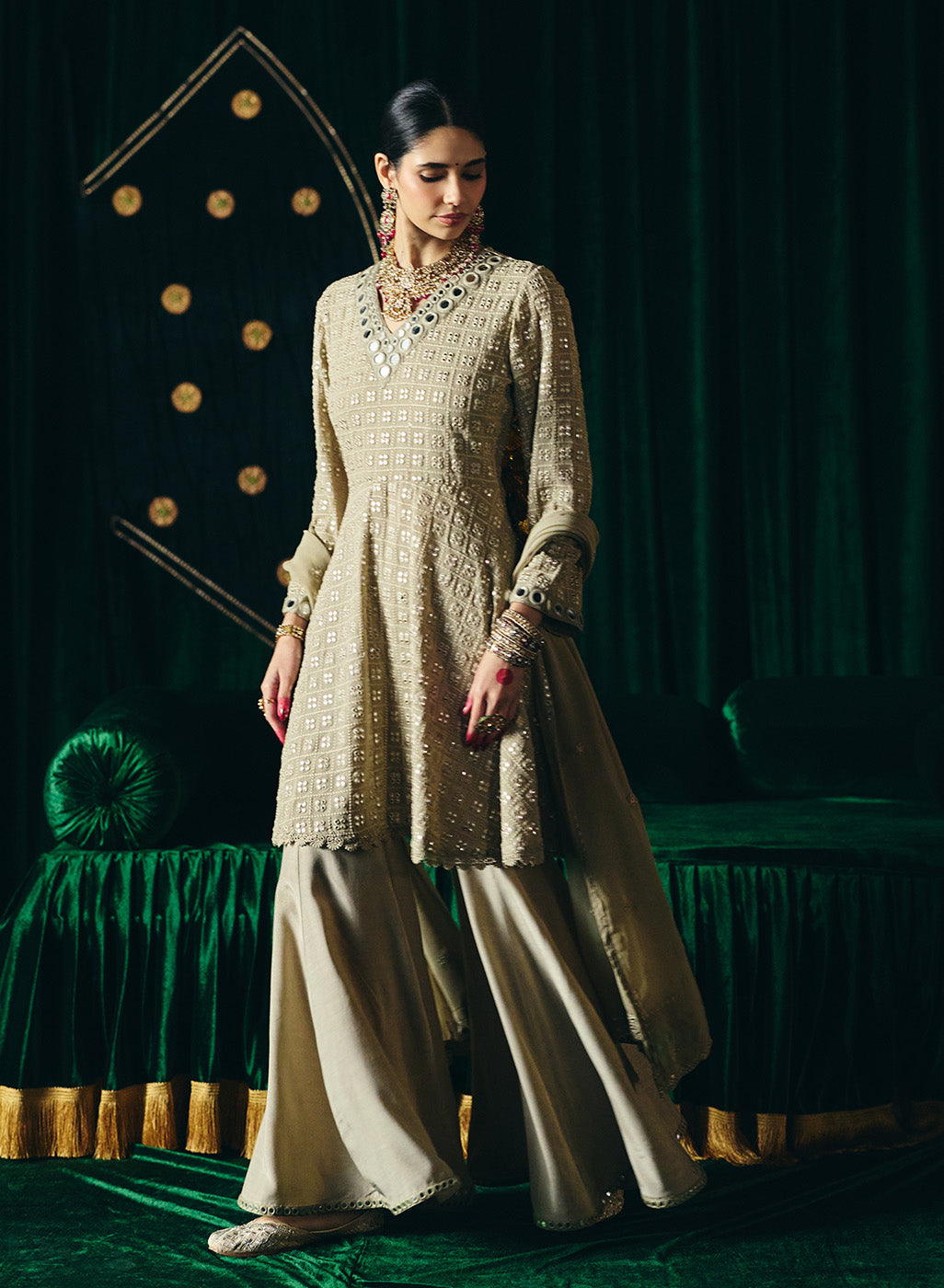 Farsa Beige Mirrorwork A-line Suit Set with Dupatta