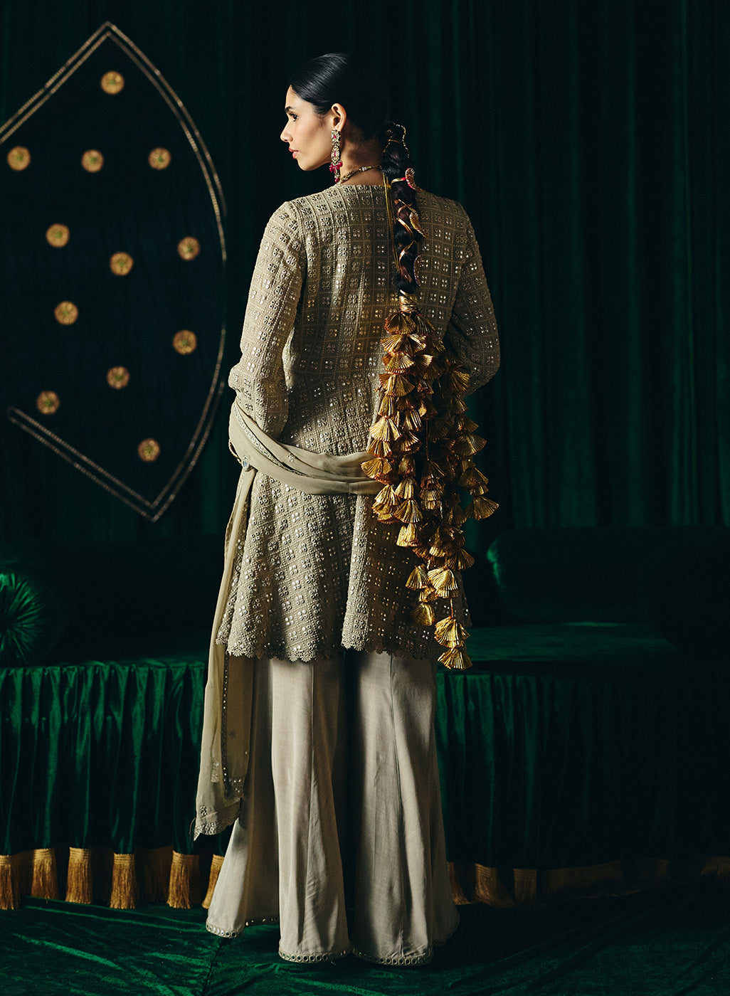 Farsa Beige Mirrorwork A-line Suit Set with Dupatta