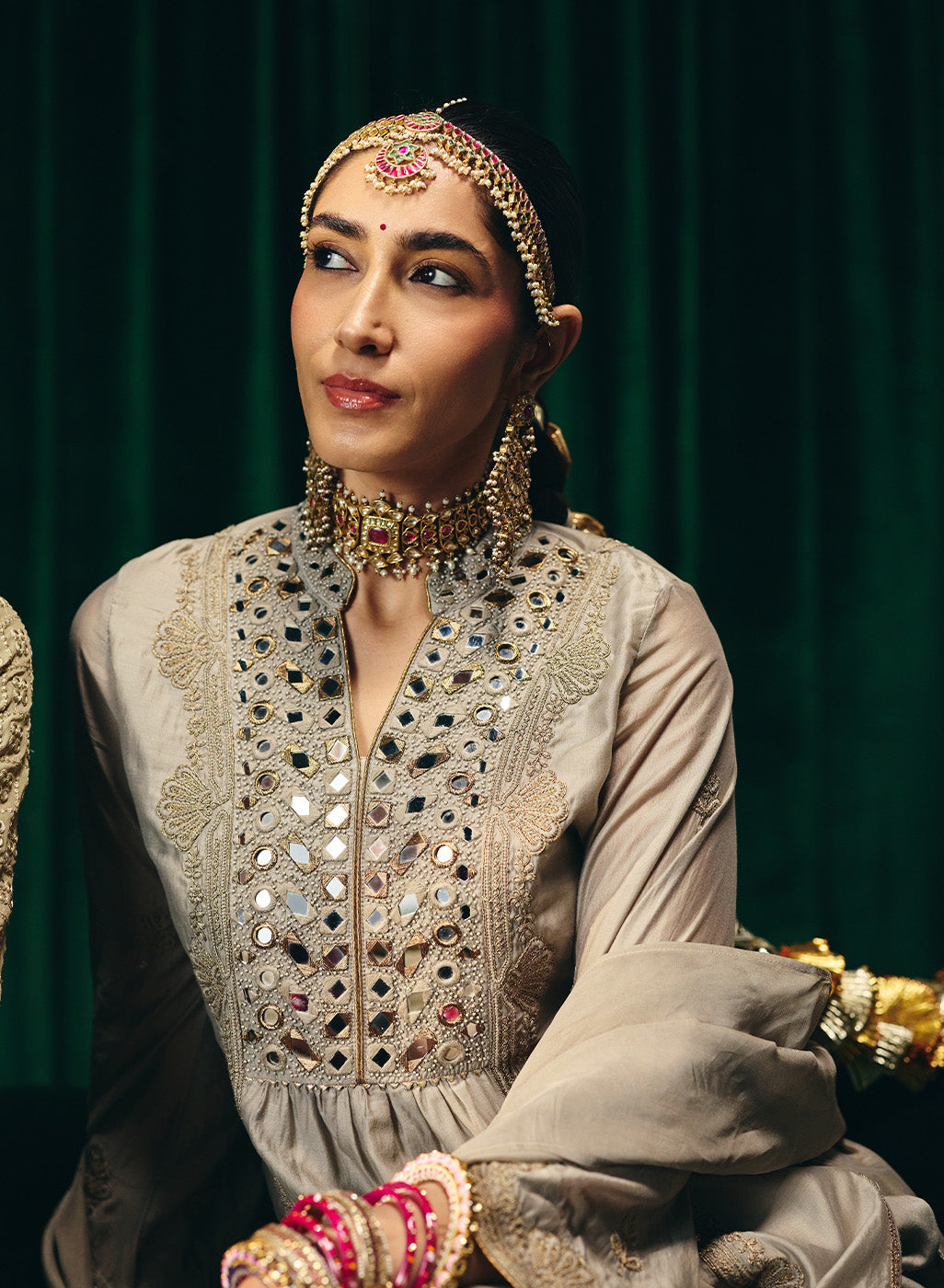 Aqsin Grey Mirrorwork Suit Set with Dupatta