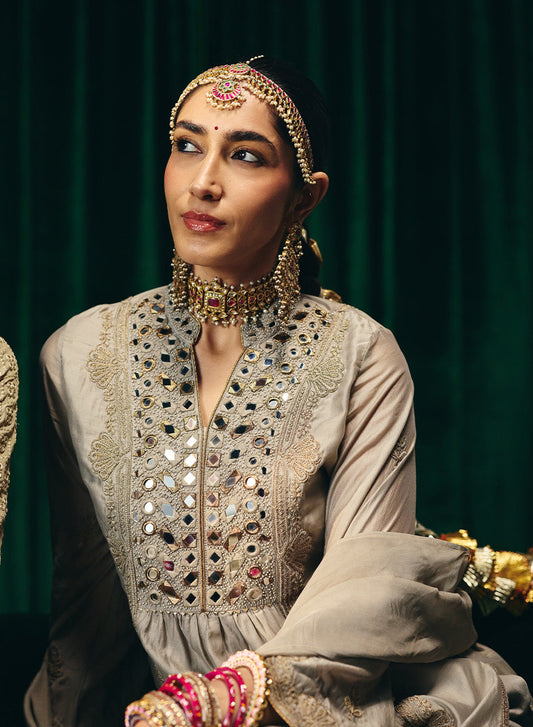 Aqsin Grey Mirrorwork Suit Set with Dupatta