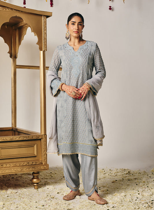 Eshal Ivory Embroidered Straight Suit Set with Dupatta